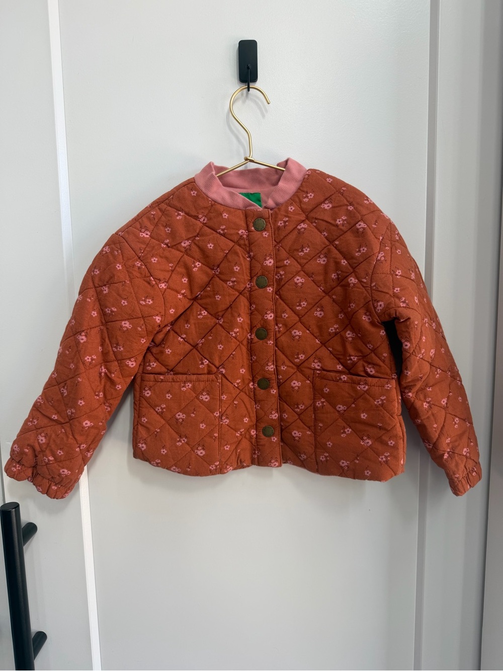 🌸 Girls Size XS Dip Quilted Rust Floral Puffer Jacket with Pink Trim